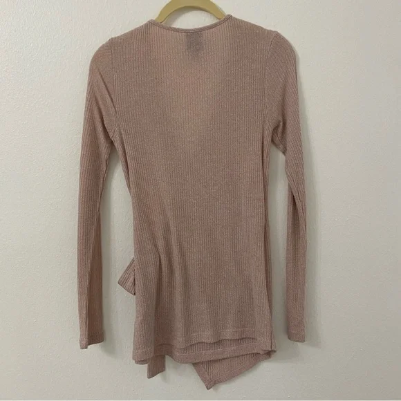 Balletcore Wrap Side Tie Long Sleeve Top | Bobeau Dusty Rose Pink Ribbed Sweater - Picture 5 of 16
